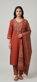 Rust Ajrakh-Inspired Three-Piece Suit