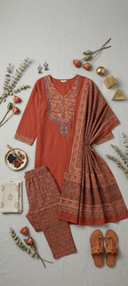 Rust Ajrakh-Inspired Three-Piece Suit
