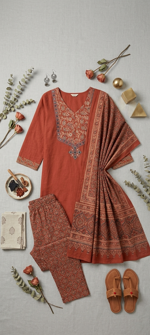 Rust Ajrakh-Inspired Three-Piece Suit