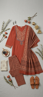 Rust Ajrakh-Inspired Three-Piece Suit