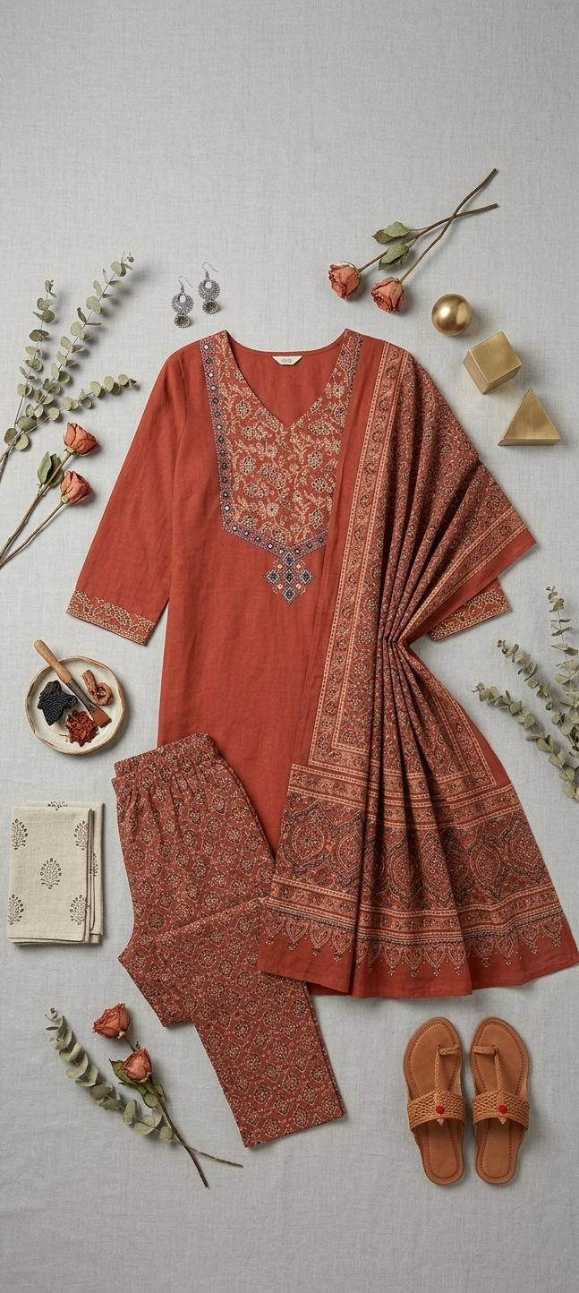 Rust Ajrakh-Inspired Three-Piece Suit
